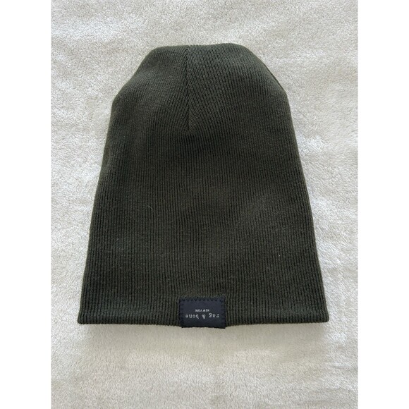 Rag & Bone Beanie Ribbed Wool Blend Skater Army Green Addison Logo Winter Hat